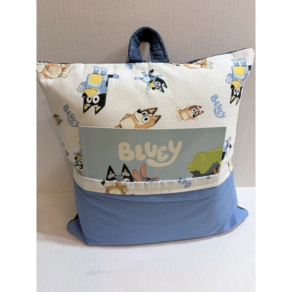 Hand Crafted Bluey Kids Book Pillow w/Bluey reading book Blue/White 13in x 13in